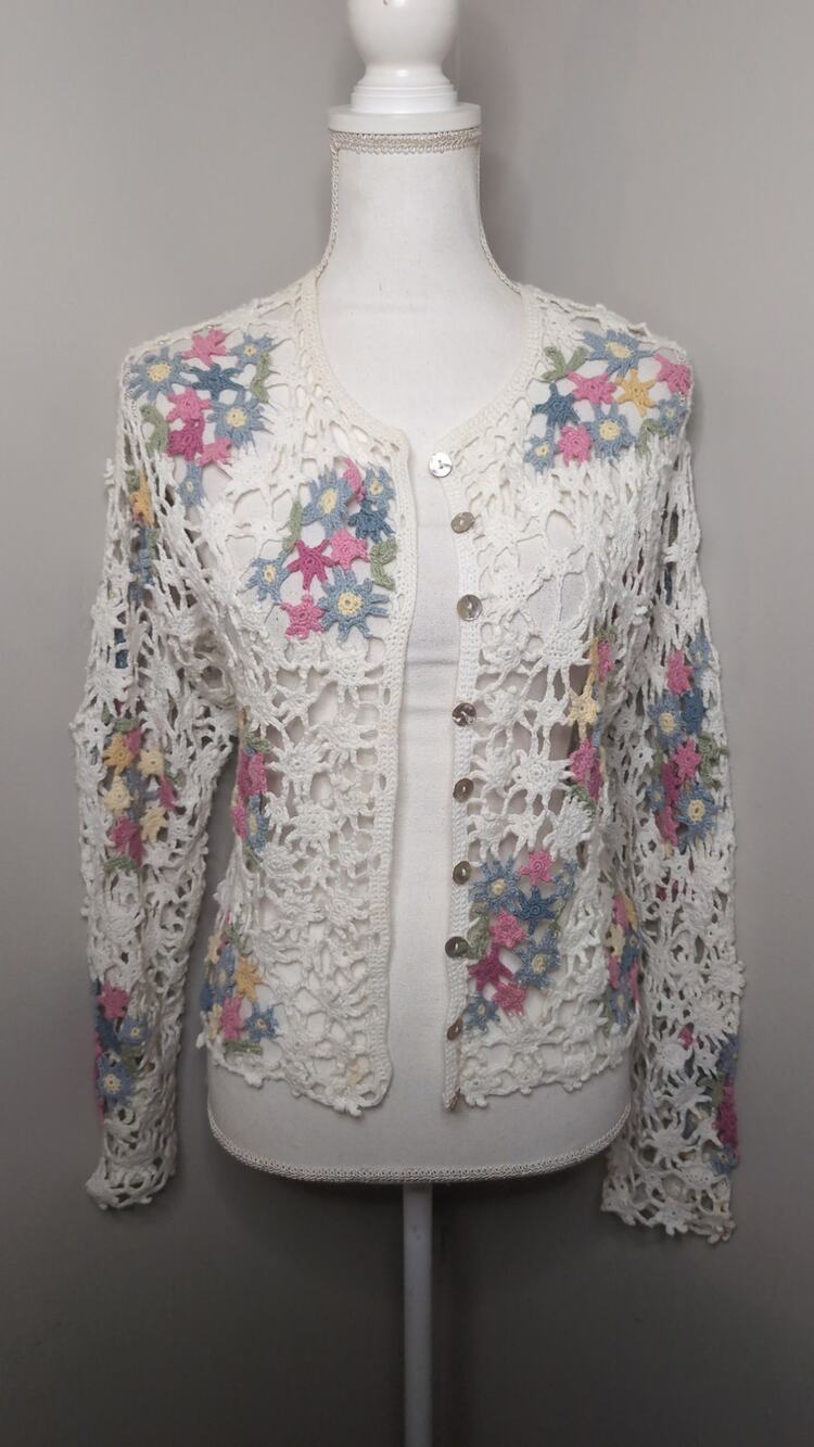 Vintage 1999 Susan Bristol Floral Crochet Cardigan Small Cottagecore